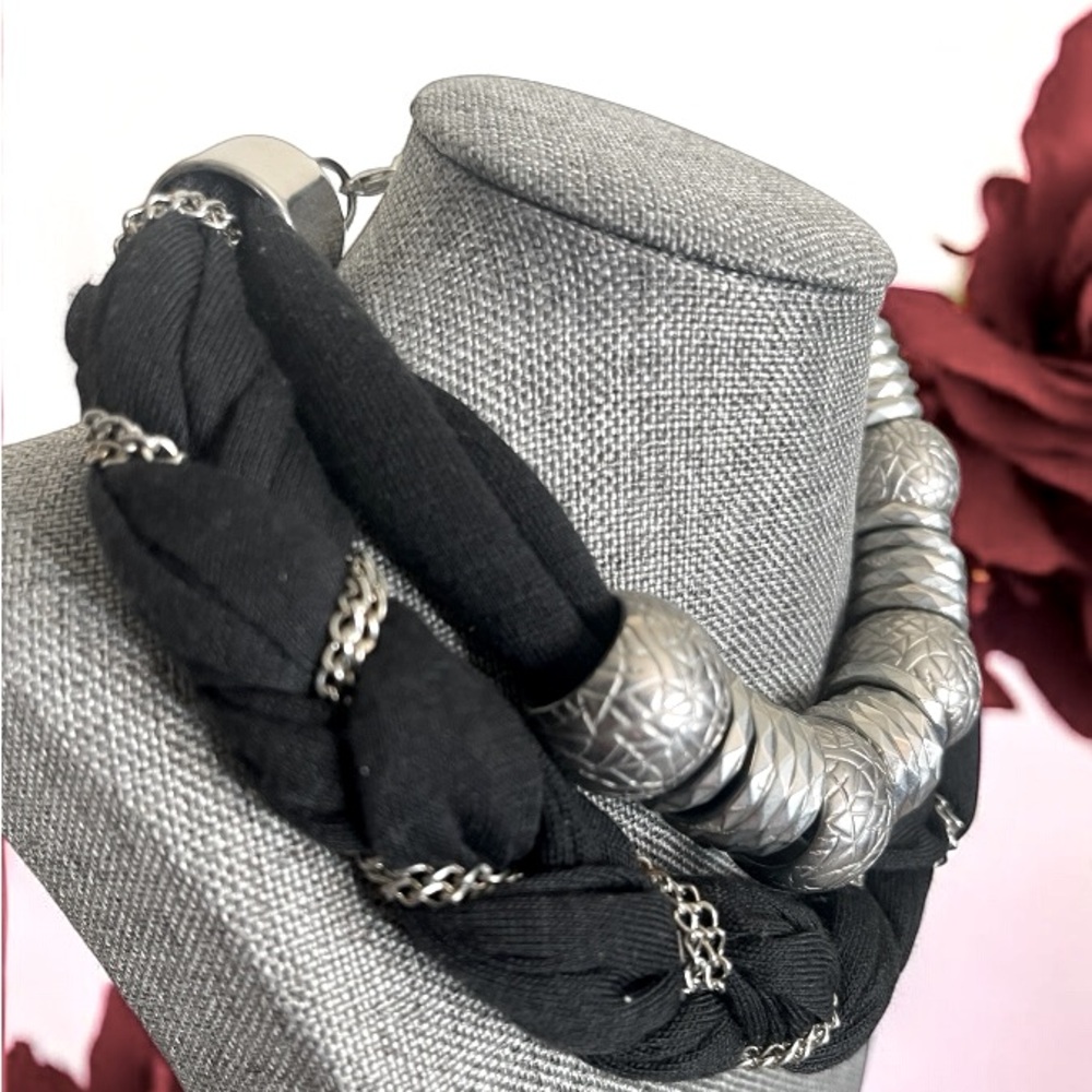 Bold Silver and Black Statement Jeweled Necklace - Picture 3 of 5